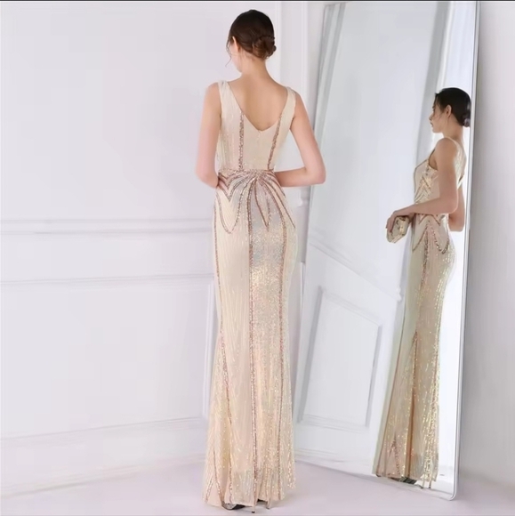 Champagne and Gold,  V Neck,  Striped,  Contrast Sequined Mermaid Gown - Picture 6 of 13